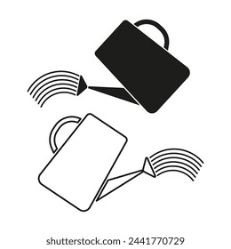 Watering cans pouring water. Gardening equipment icons. Simple black and white design. Vector illustration. EPS 10.