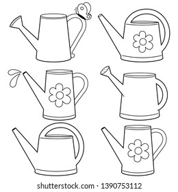 Watering cans set. Vector black and white coloring page.