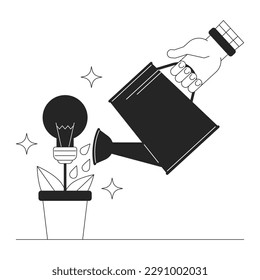 Watering creative startup idea bw concept vector spot illustration. Light bulb 2D cartoon flat line monochromatic first view hand for web UI design. Editable hero image for landing page, mobile header