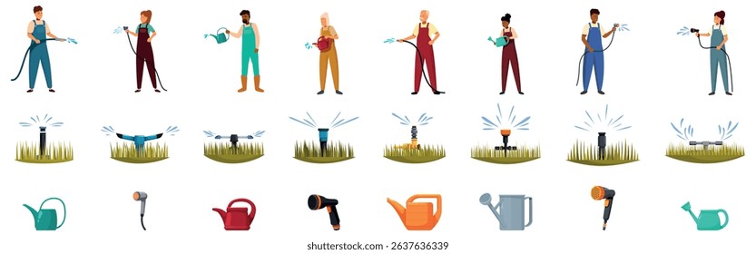 Watering crops icons set. Gardeners taking care of plants using various watering equipment, ensuring proper hydration and growth