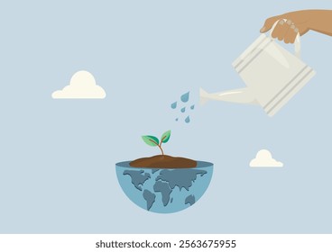 Watering Earth for Sustainability Growth. hand watering a sapling growing from a globe, symbolizing environmental care, sustainability, and global growth. Water conservation vector. World water day