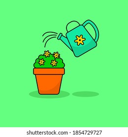 Ilustración vectorial del concepto de flor de riego sobre fondo verde. Estilo de color lineal del icono de riego