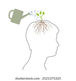 Watering a flower growing from the head. Personal growth and development. Business and education concept.