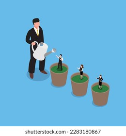 watering flower pots with staff inside. Mentoring and growing employees isometric 3d vector illustration concept banner, website, landing page, ads, flyer template