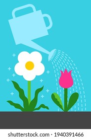 Watering flowers with can. Gardening. Care concept.