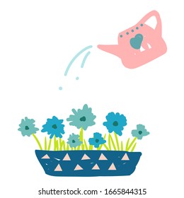Watering flowers in a pot from a can cartoon illustration.