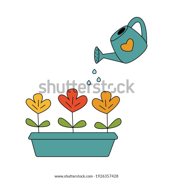 Watering flowers vector cartoon\
illustration. Growing plants. Irrigation. Isolated on white\
background. Window garden. Grow concept. Colored doodle\
style.
