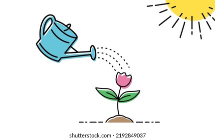 Watering a garden watering can flower. Concept of plant growth under the sun. Thin line icon. Grow plant leaves. Outline trendy style. Vector illustration isolated on white.