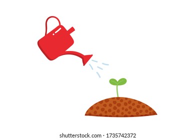 Watering growing seedling, sprout. Seasonal gardening vector cartoon style illustration.