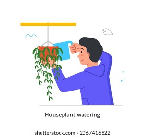 Watering home plants concept. Man holds watering can and takes care of flower in pot. Home gardening. Organically decor for apartment. Hobbies and housework. Cartoon flat vector illustration