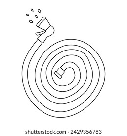 Watering hose with water drops, garden design element, doodle style vector outline for coloring book