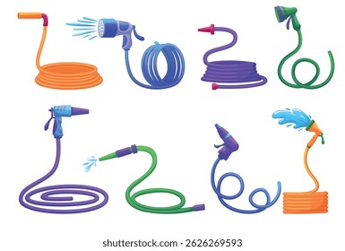 Watering hoses. Garden rubber hose, cartoon hosepipe with spray water drip plastic nozzle. Farm, agriculture equipment, gardening tools nowaday vector set
