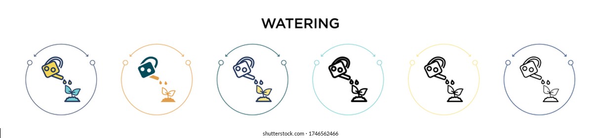 Watering icon in filled, thin line, outline and stroke style. Vector illustration of two colored and black watering vector icons designs can be used for mobile, ui, web