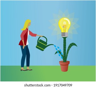 Watering idea in flower pot. Vector illustration.