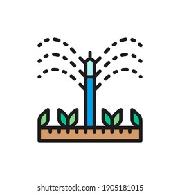 Watering, irrigation sprinklers, agriculture, gardening tools color line icon.