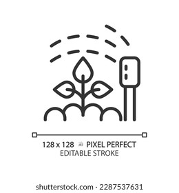 Watering linear icon. Smart irrigation. Sprinkler system. Garden device. Soil moisture. Growing plants. Thin line illustration. Contour symbol. Vector outline drawing. Editable stroke