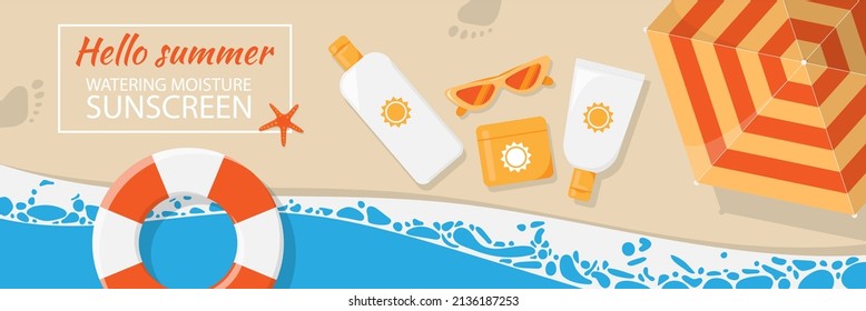 Watering moisture sunscreen cosmetics on sea or ocean background. Sunblock advertisement on the beach. Skin and body care, hello summer on vacation
