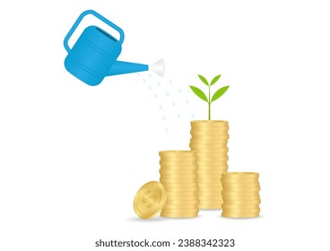 Watering Money Plant. Business Profit Growing with Passive Income. Growing Money, Saving and Investment Concept. 