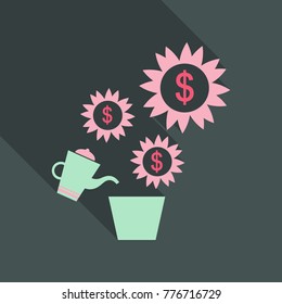 Watering money tree in flat stylewith shadow