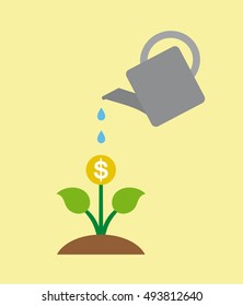 Watering money tridimensional business concept on yellow background