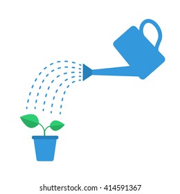 Watering plant with watering can. Flat vector illustration