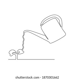 Watering plant, continuous line. Vector illustration, isolated on white background.