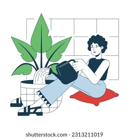Watering plant flat line vector spot illustration. Curly hair woman sitting with pot 2D cartoon outline character on white for web UI design. Gardening houseplant editable isolated colorful hero image