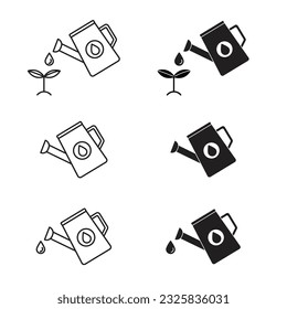 Watering plant icon set. Garden pot watering tool line icon set in filled and outlined. Seed growth vector symbol. Grow plant gardening sign.