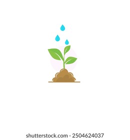 Watering plant icon silhouette style vector. Rain water harvesting. Plant growth symbol. Plantation. Drip irrigation. Water droplets falling on growing plant isolated on white background illustration 