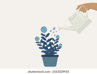 Watering Plant with Money Growth Concept. hand waters a potted plant with dollar sign leaves, symbolizing financial growth, investment, business success, and economic prosperity