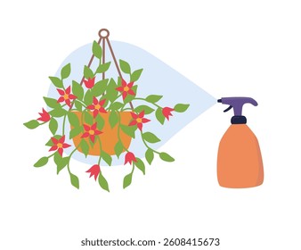 Watering a plant with a spray bottle. Vector illustration with a flower in a hanging pot and a spray bottle. Care for potted indoor ampelous plants.