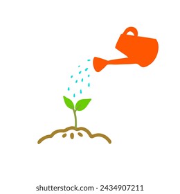 Watering plant vector illustration. Watering can pouring blue watering.