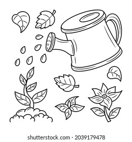 Watering the plants doodle, black white hand drawn sketch vector objects