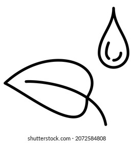 Watering plants, fertilizing, irrigation, gardening, drip irrigation. A leaf of a plant and a drop of liquid. Vector icon, outline, isolated.  Editable stroke.
