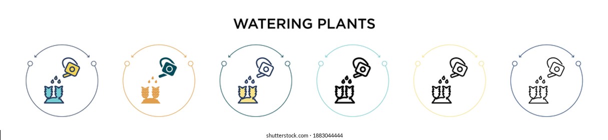 Watering plants icon in filled, thin line, outline and stroke style. Vector illustration of two colored and black watering plants vector icons designs can be used for mobile, ui, web