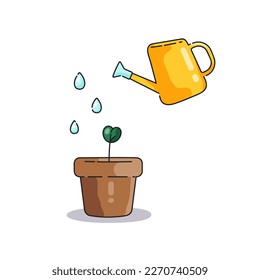 Watering plants. Watering a small sprout in a pot from a watering can. Vector isolated illustration on white background.