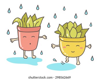 Watering plants. Vector isolated illustration. Cartoon potted plants.