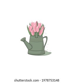 Watering pot and a bouquet of tulips.Spring flowers.Gute springtime flat hand drawn cartoon style vector illustration isolated on white background.For wapping paper,textile print,banner,greeting card.