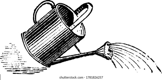 Watering Pot is a handheld container, usually with a handle and a spout, used to water plants., vintage line drawing or engraving illustration. 