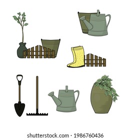 Watering pot,bucket,shovel,boots,plants.Vector set of images for garden shops.Isolated on white backdround. For garden cards,wapping paper,textile print,banner,dreeting card. Element for desing.