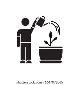 Watering sapling black glyph icon. Plant growing process. Indoor gardening. Moisturizing, rehydrating potting soil. Moistening plants. Silhouette symbol on white space. Vector isolated illustration