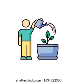 Watering sapling RGB color icon. Houseplant caring. Plant growing process. Indoor gardening. Moisturizing, rehydrating potting soil. Moistening plants. Isolated vector illustration