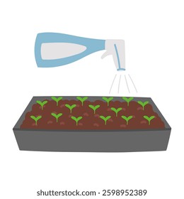 Watering seedlings in growing box in flat cartoon design. Green stem plants moisturizing with spray bottle in plastic tray. Gardening, domestic greenhouse and farming equipment. Vector illustration