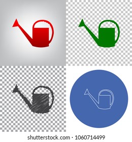 Watering sign. Vector. 4 styles. Red gradient in radial lighted background, green flat and gray scribble icons on transparent and linear one in blue circle.