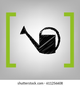 Watering sign. Vector. Black scribble icon in citron brackets on grayish background.