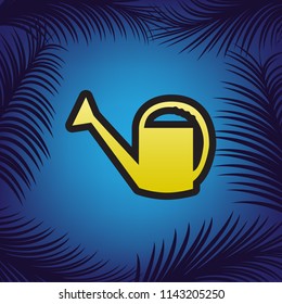 Watering sign. Vector. Golden icon with black contour at blue background with branches of palm trees.