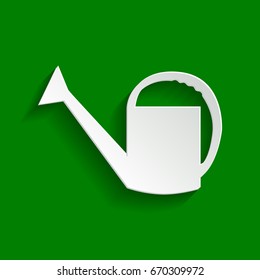 Watering sign. Vector. Paper whitish icon with soft shadow on green background.