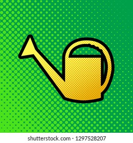 Watering sign. Vector. Pop art orange to yellow dots-gradient icon with black contour at greenish background.