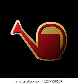 Watering sign. Vector. Red icon with small black and limitless shadows at golden sticker on black background.