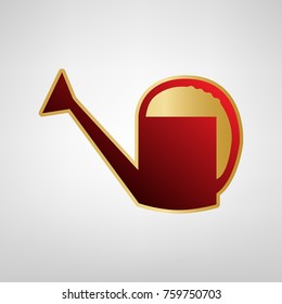 Watering sign. Vector. Red icon on gold sticker at light gray background.